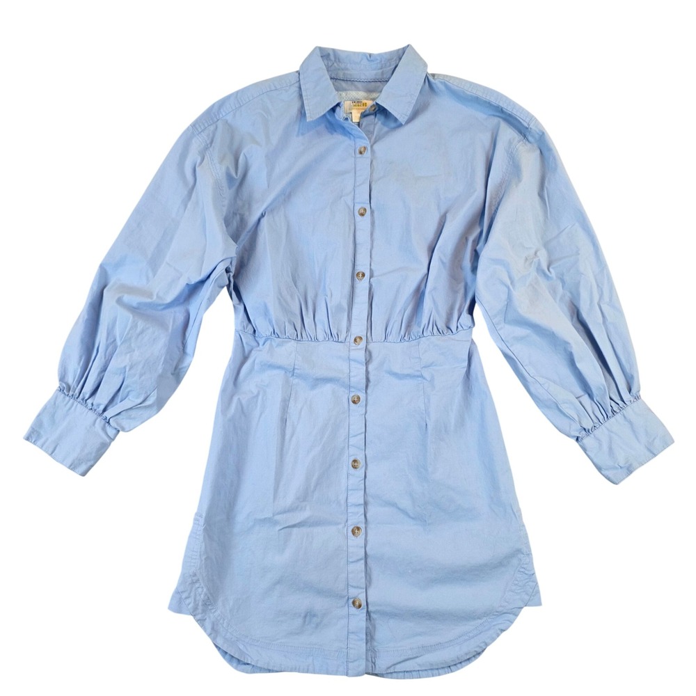 Maeve by Anthropologie Blue Button Down Mini Shirt Dress XS Puffed Sleeve Cotton